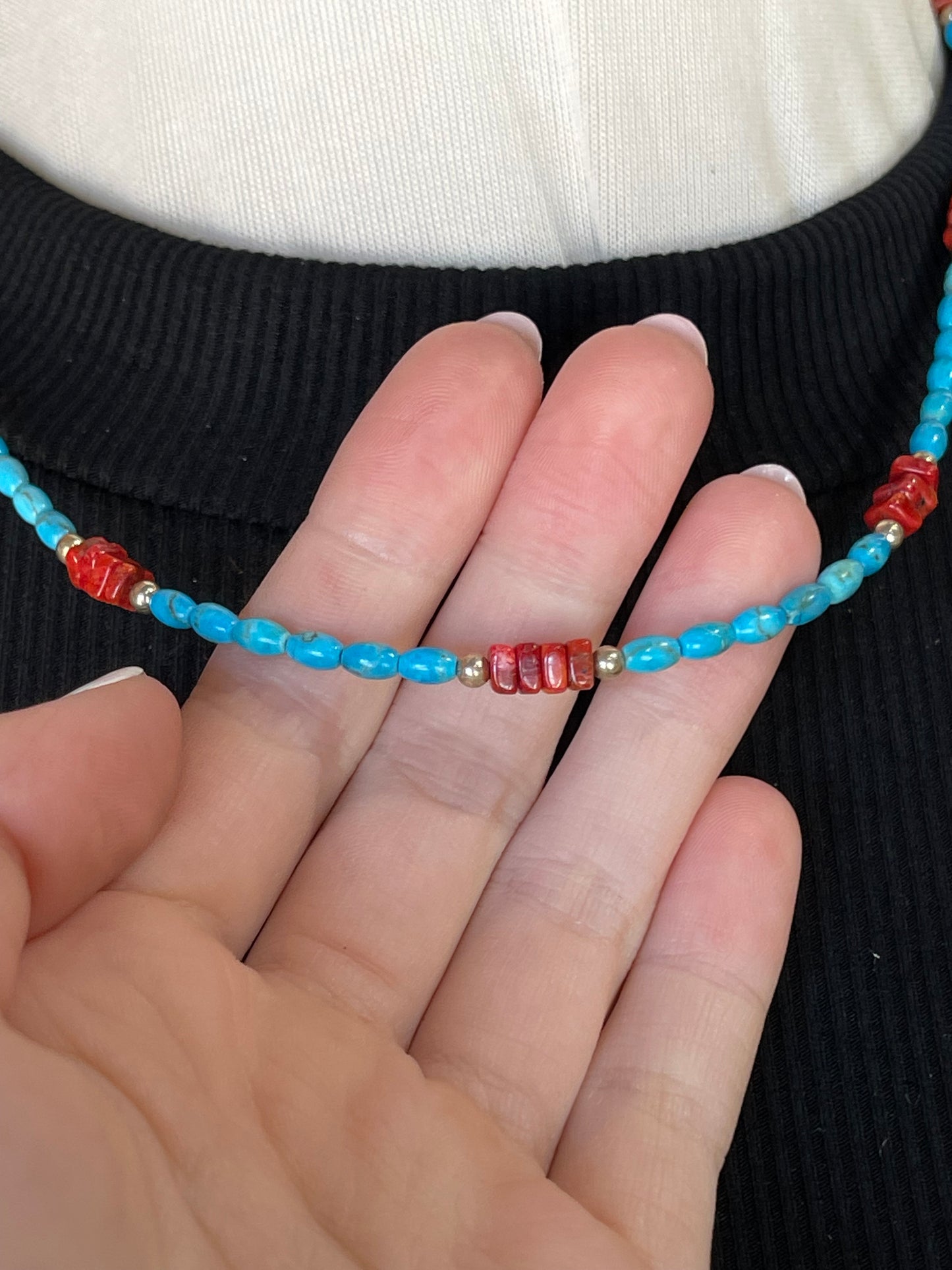 18" Turquoise and Apple Coral Necklace