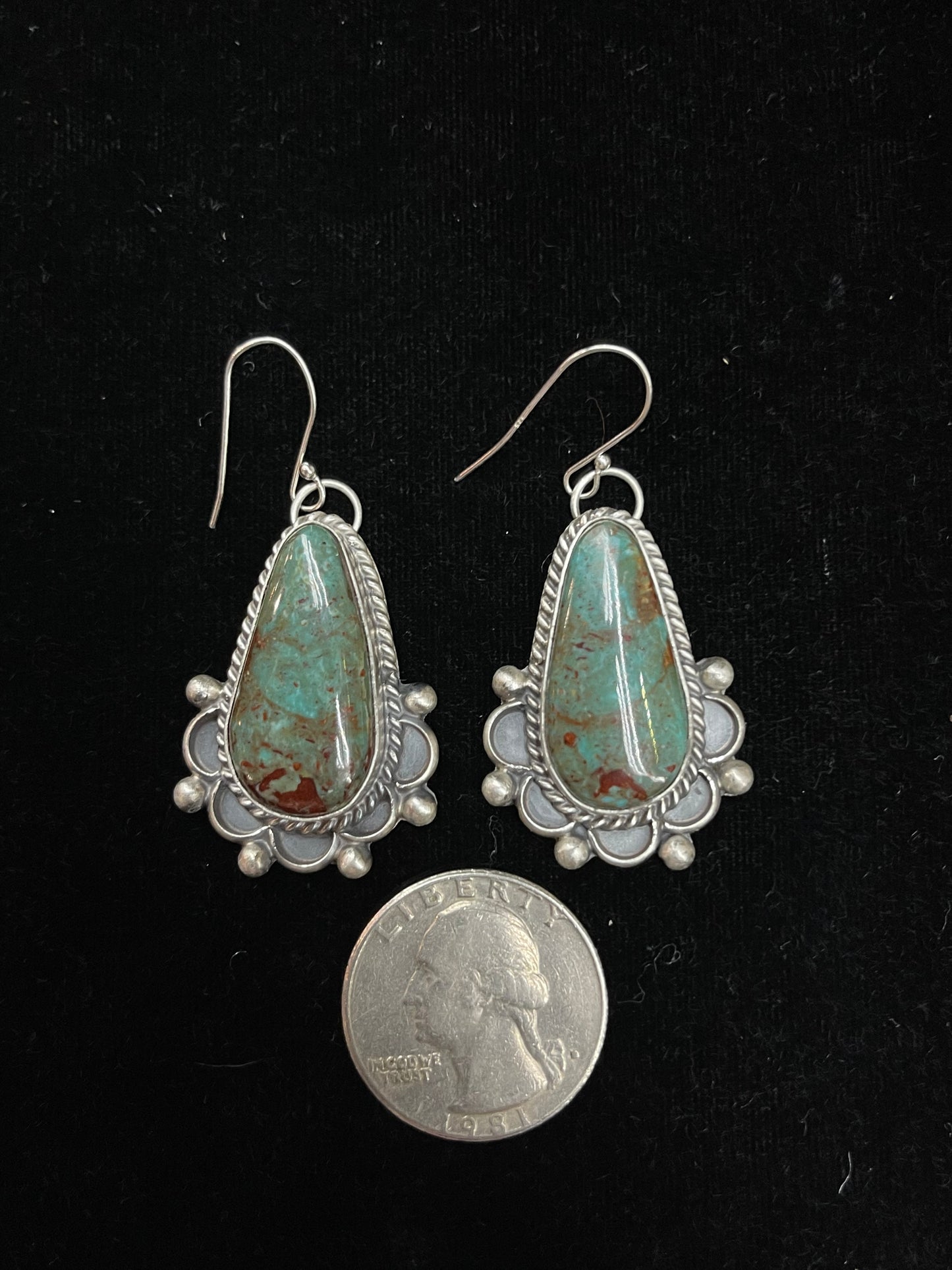 Thunderbird Turquoise Teardrop Dangle Earrings by Terrell Nez, Sr., Navajo