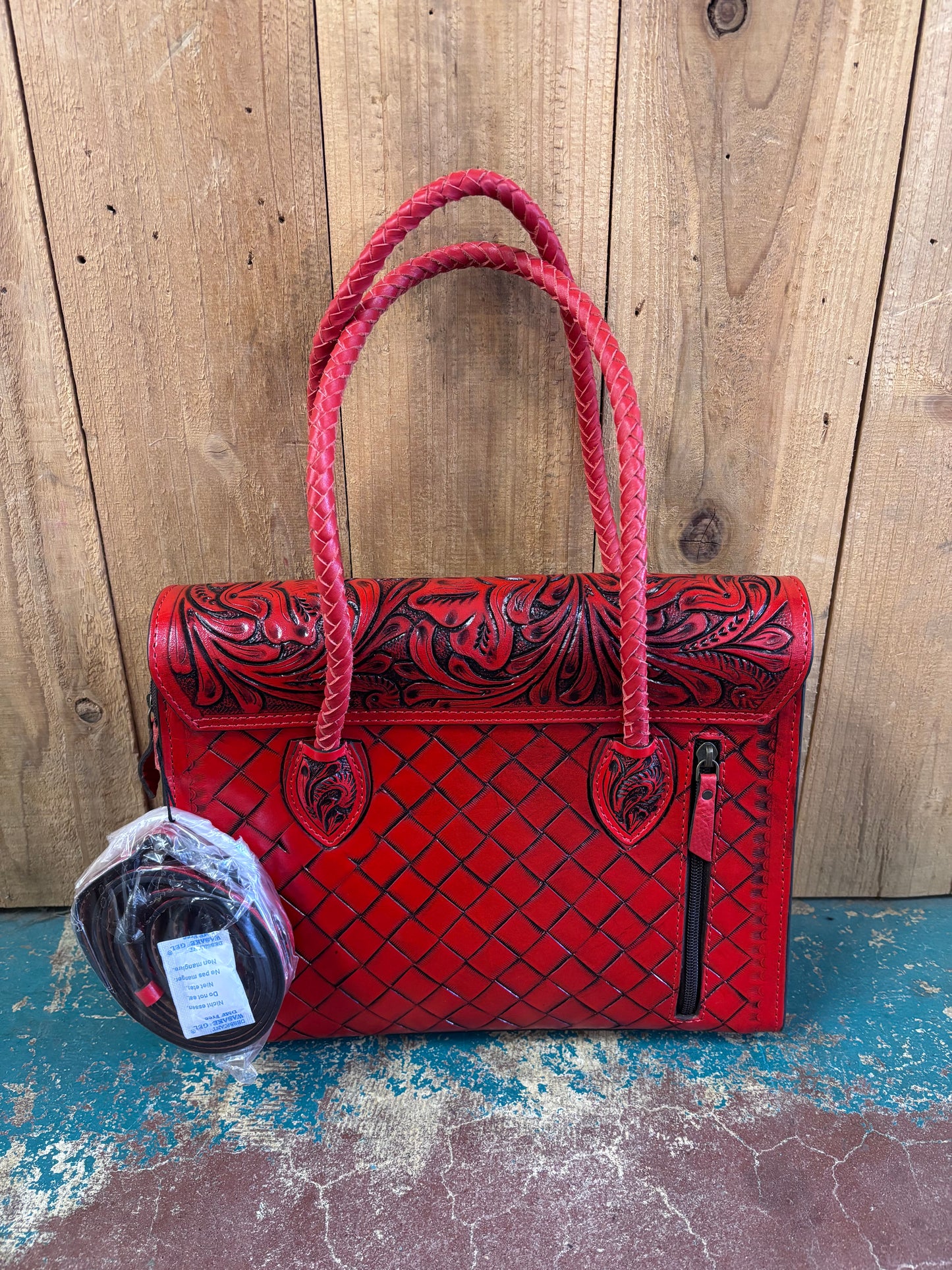 Red Flower Tooled Handbag Purse