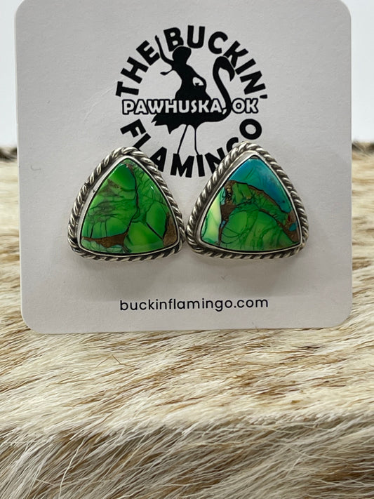 Peacock Dahlia Triangle Earrings by Chassity Belone, Navajo