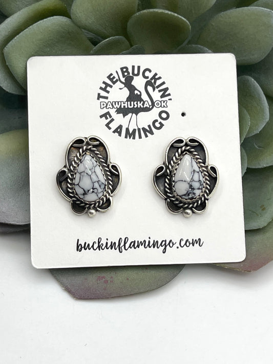 White Howlite with Swirl Earrings by Sharon McCarthy, Navajo