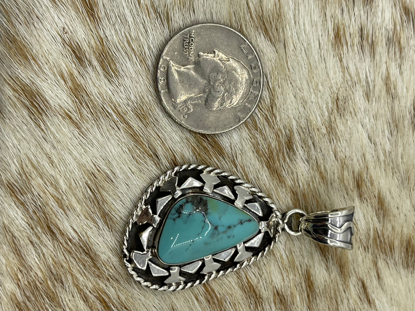 Silver Overlay and Turquoise Triangle Pendant with a 8mm Bale by Charlene Yazzie, Navajo