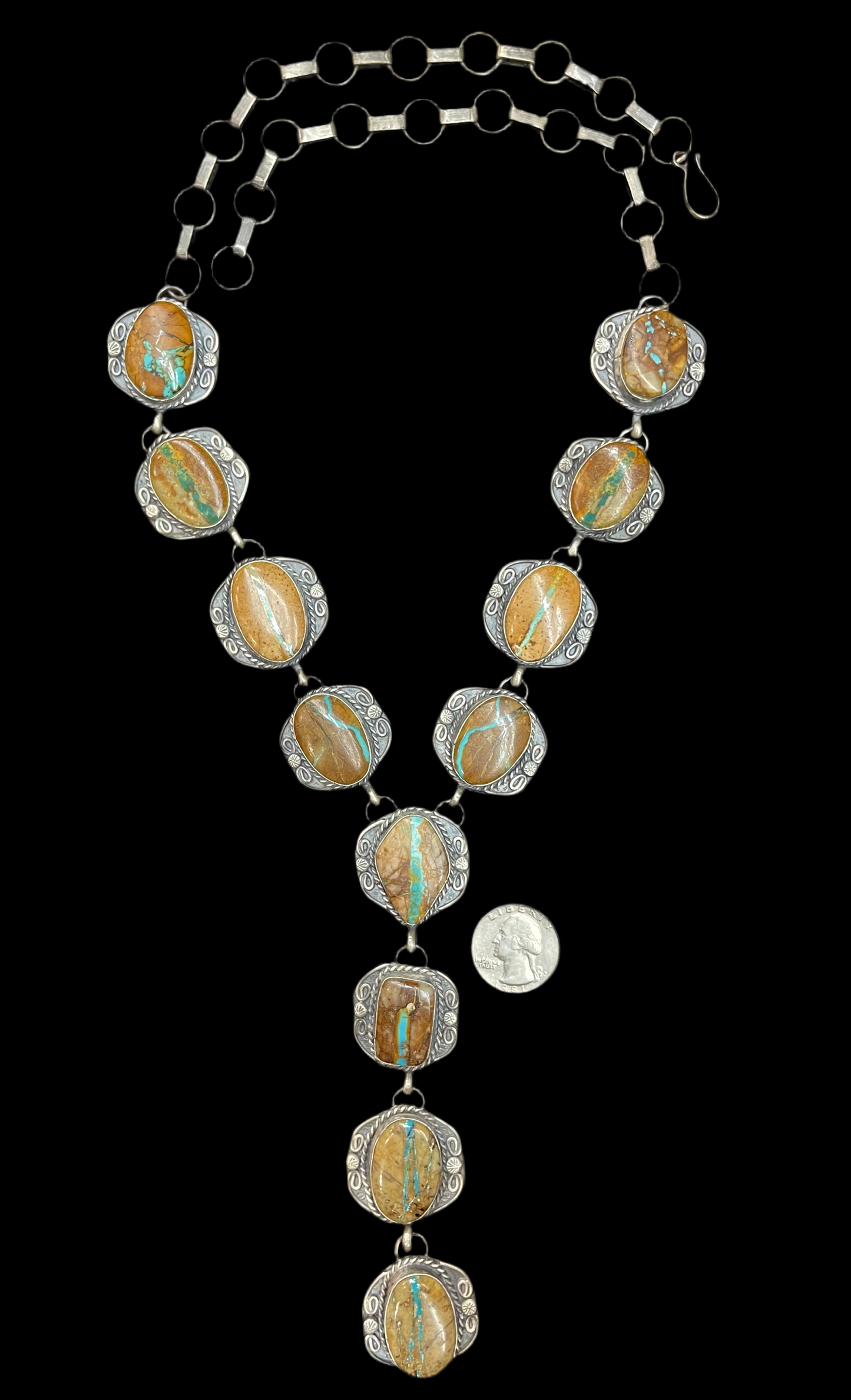 3 Piece Ribbon Turquoise 26" Lariat, 7.5 Ring, and Earring Set by Gilbert Nez, Navajo