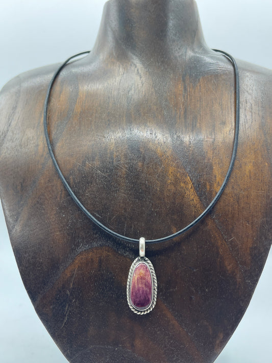 Purple Spiny Oyster Necklace On A Black Leather Cord by Johnny Dixon, Navajo
