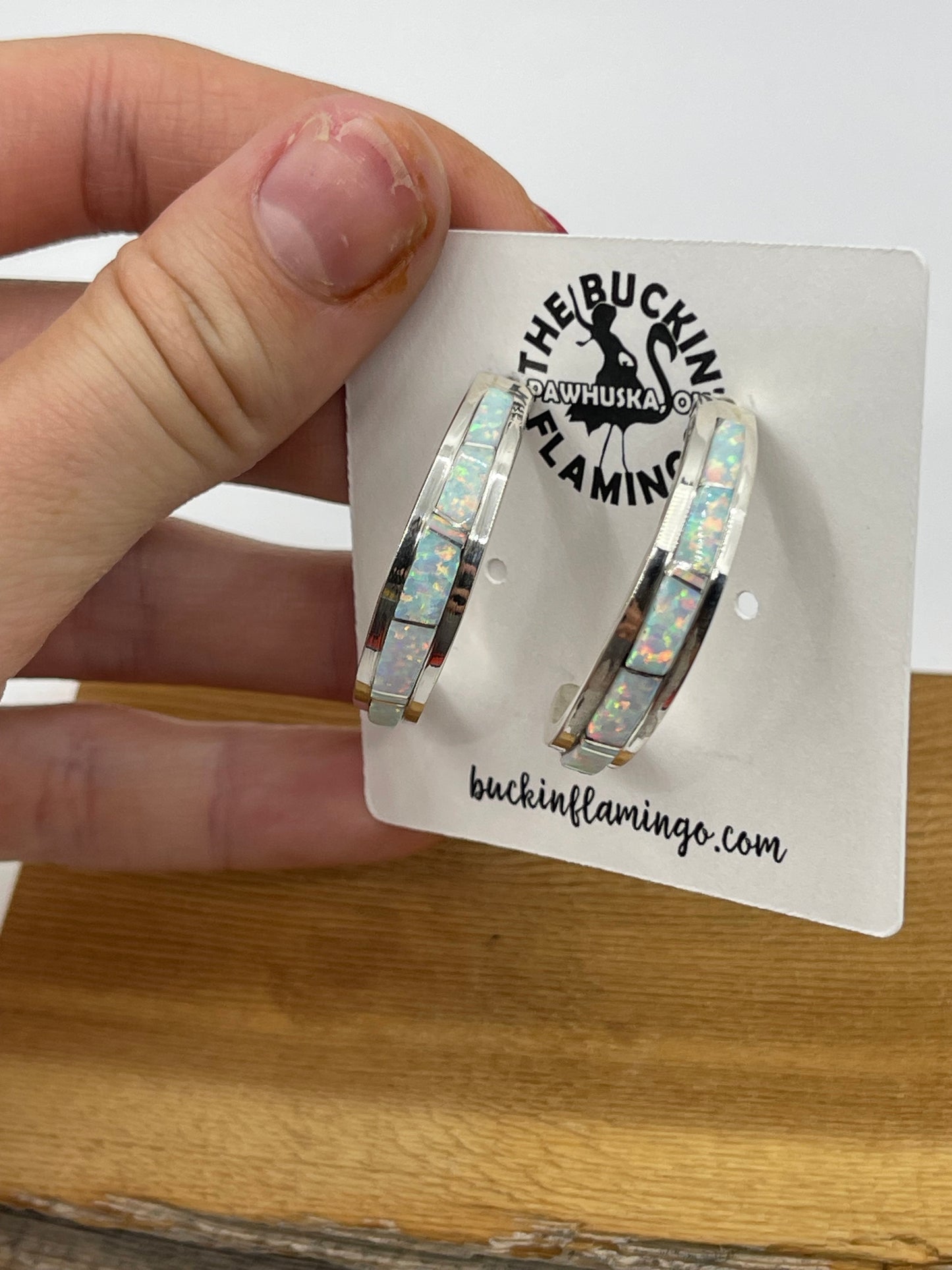 White Opal Inlay Half Post Hoop Earrings by Wilbert Muskett Jr. Navajo