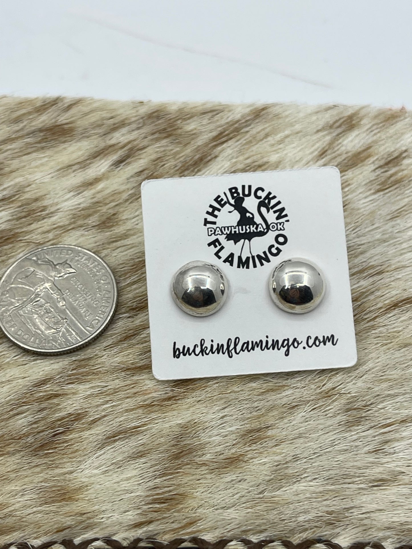 10mm Silver Half Pearl Post Earrings by Gloria Harvey, Navajo