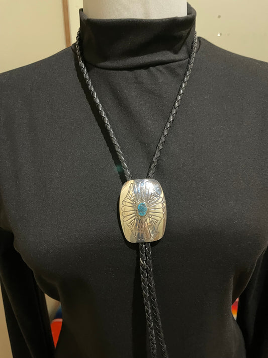 Sterling Silver and Turquoise Stamped Rectangle Bolo Tie by Jolene Begay, Navajo