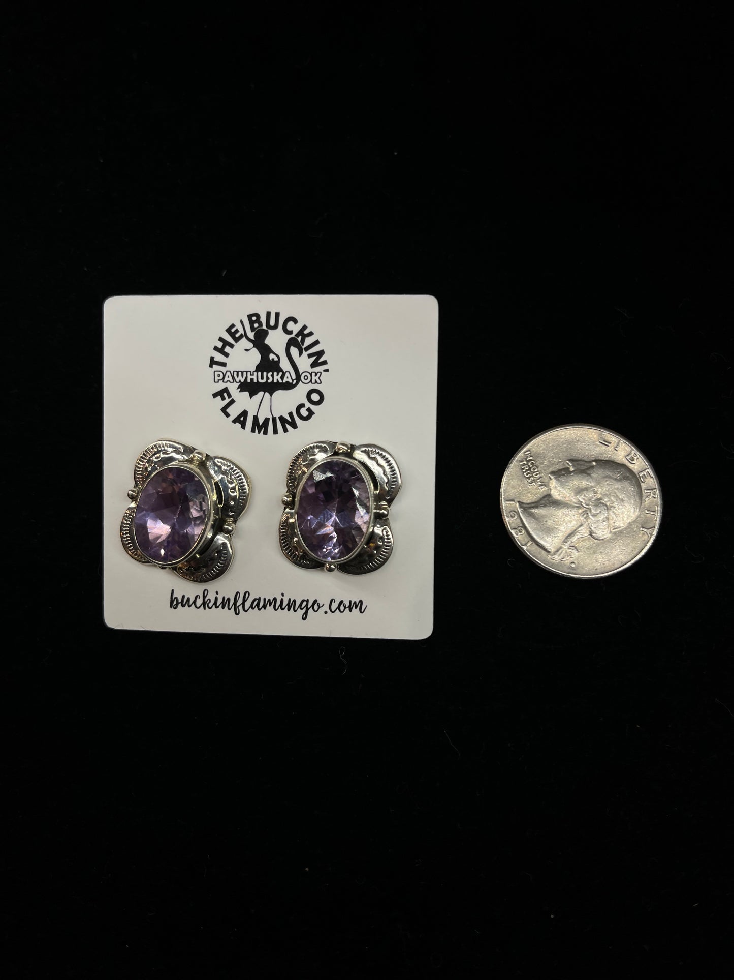 Oval Amethyst Post Earrings by Sadie Jim, Navajo