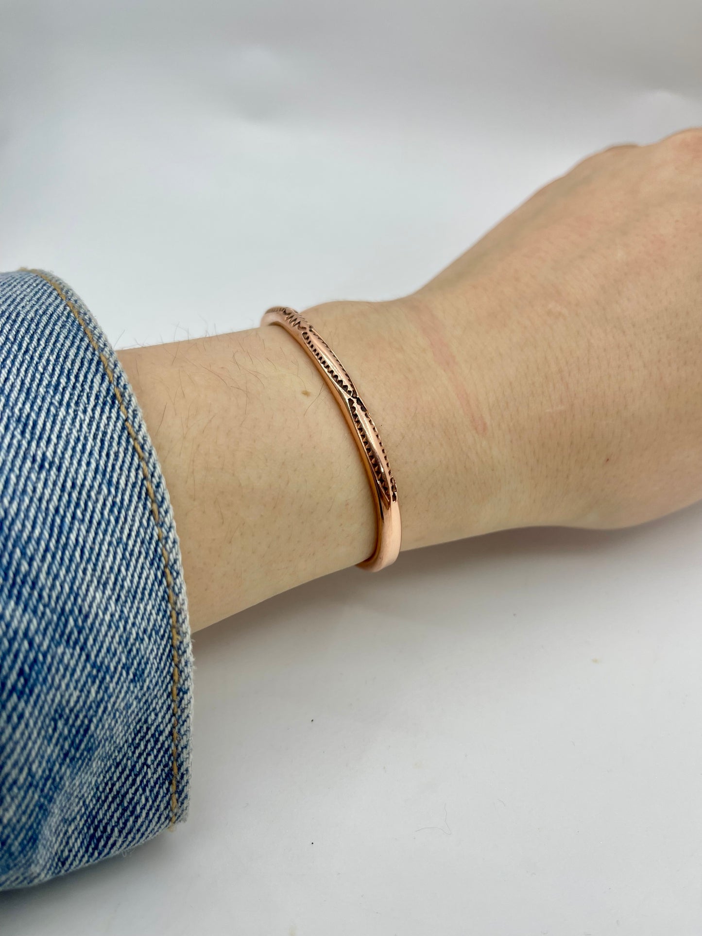 6''- 6.75'' Round Wire Stamped Copper Cuff By Elaine Tahe, Navajo