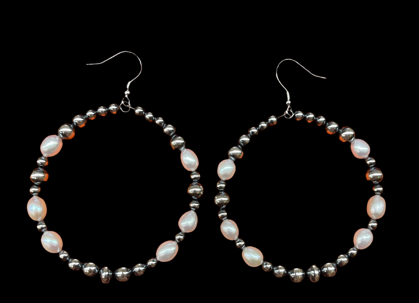Graduated Navajo Pearl and Freshwater Pearl Hoop Dangle Earrings
