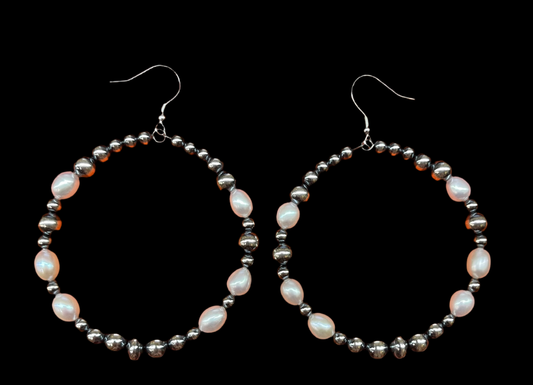 Graduated Navajo Pearl and Freshwater Pearl Hoop Dangle Earrings