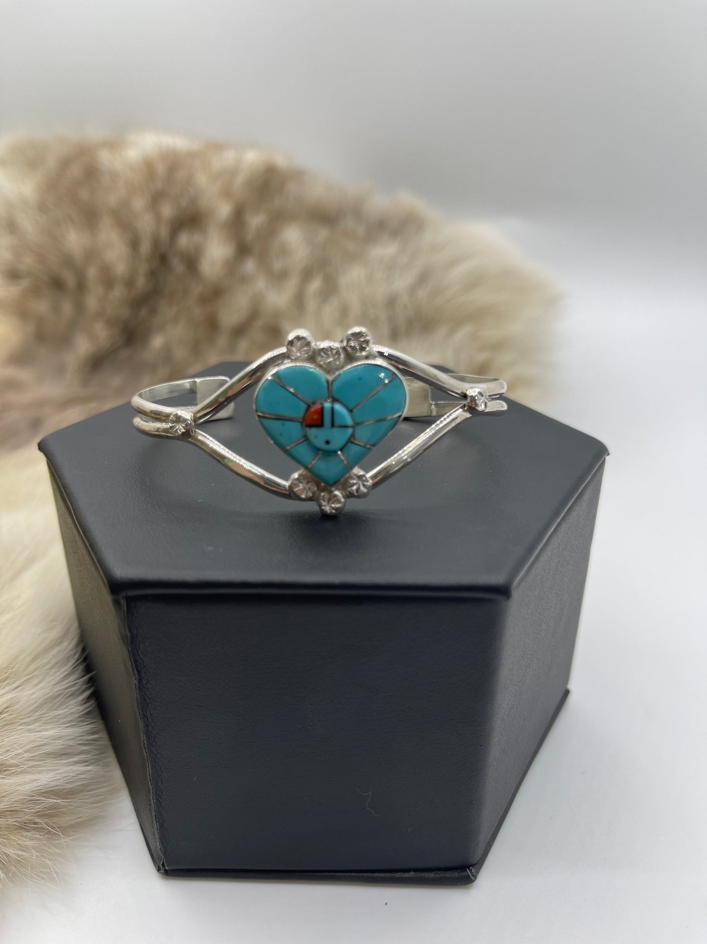 Turquoise Inlaid Heart with Zuni Sunface Cuff