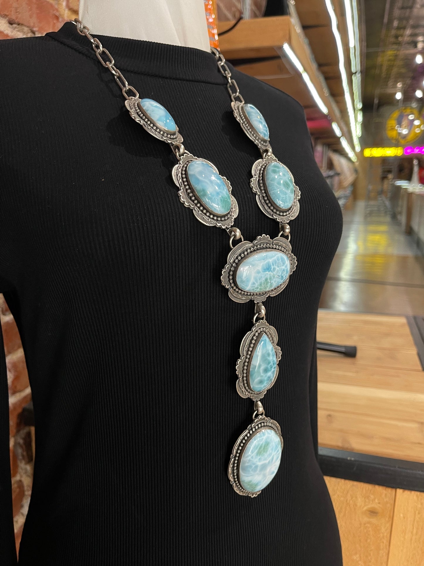 26"+6" Larimar Lariat Necklace by Tim Vandever, Navajo