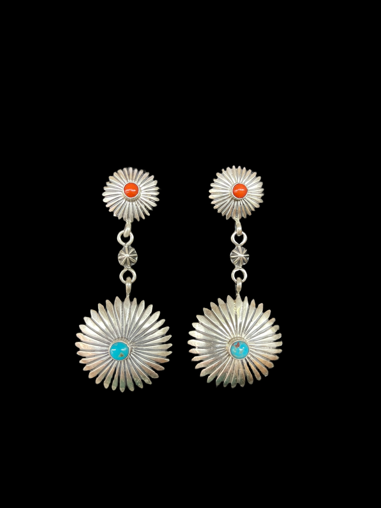 Double Concho Dangle Earring With Kingman Turquoise and Red Coral by Verley Betone, Navajo