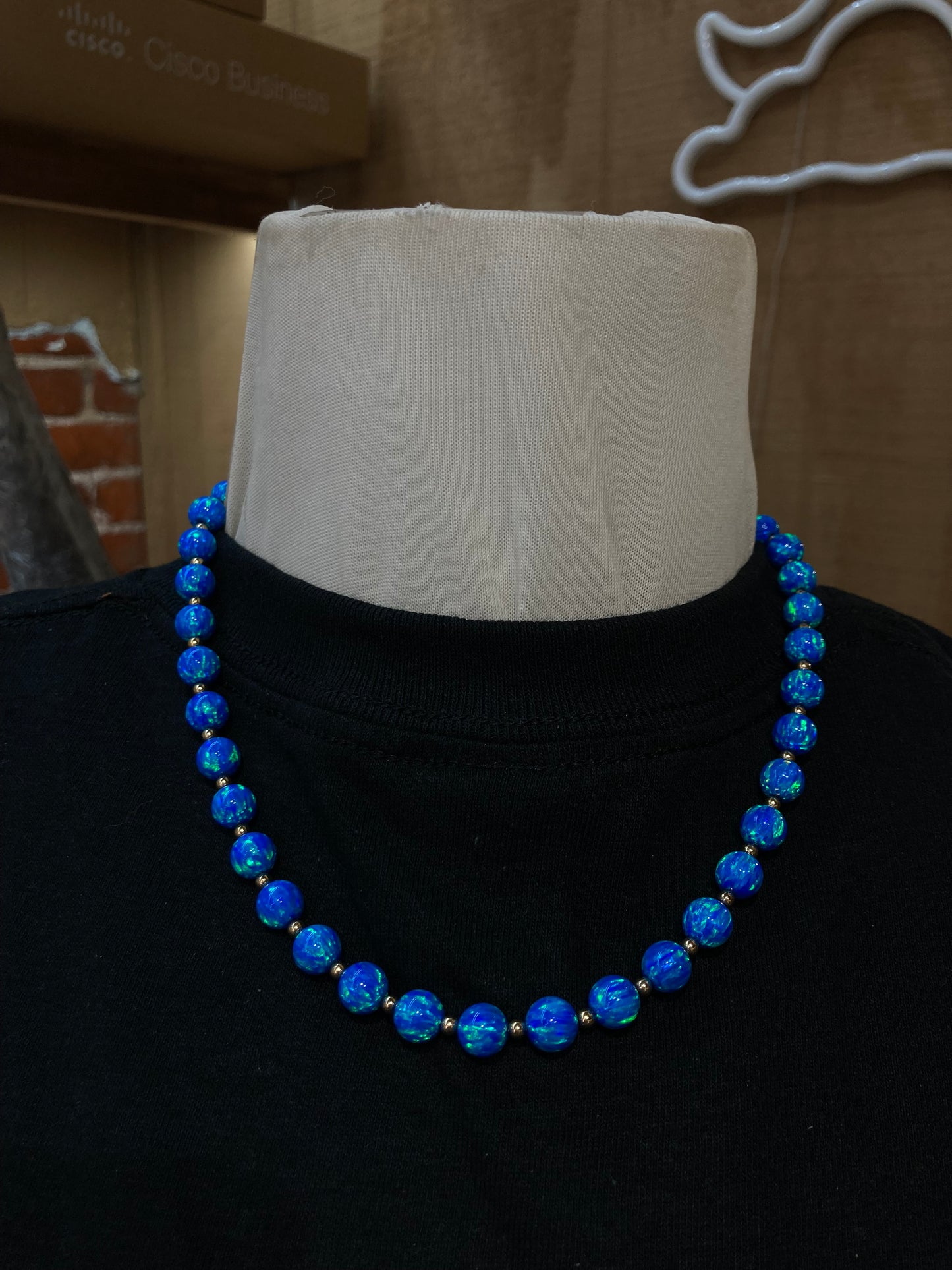 18" 14k Gold and 8mm Blue Opal Beads Necklace