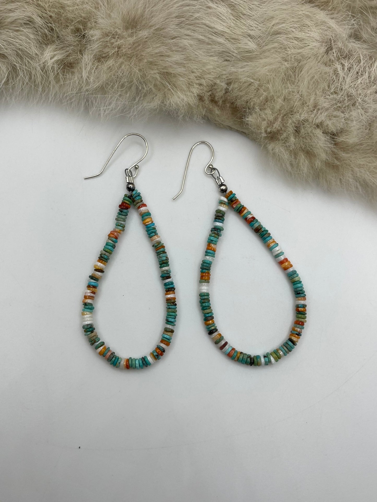 3.5mm “Orange Crush” Turquoise & Orange Spiny Oyster Heishi Bead Teardrop Earrings