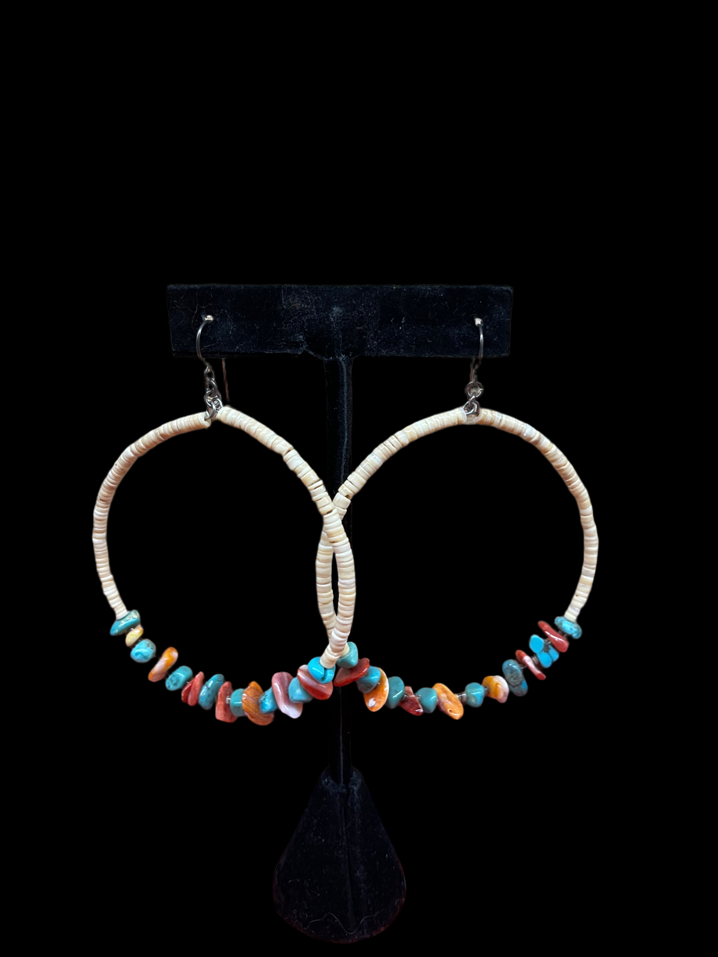 Large Clam Shell Hoops with Turquoise and Spiny Oyster Shell, Santo Domingo Made