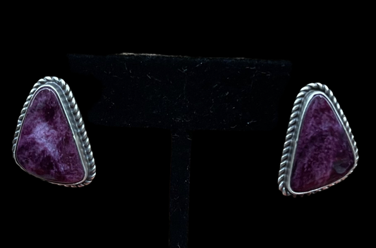 Purple Spiny Oyster Shell Triangle Post Earrings by Judith Dixon, Navajo