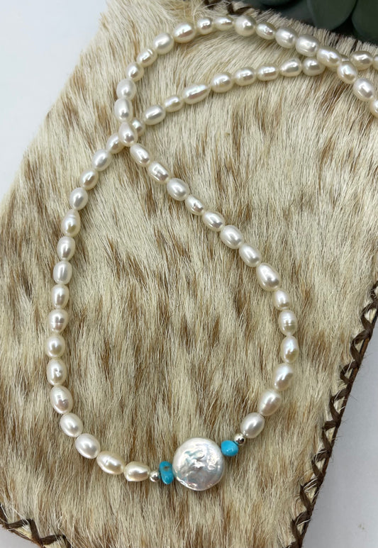 18" Freshwater Pearls Necklace with Sleeping Beauty Turquoise
