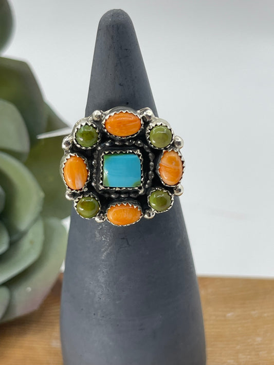 8.0 Turquoise and Spiny Oyster Shell Cluster Ring, Navajo Made