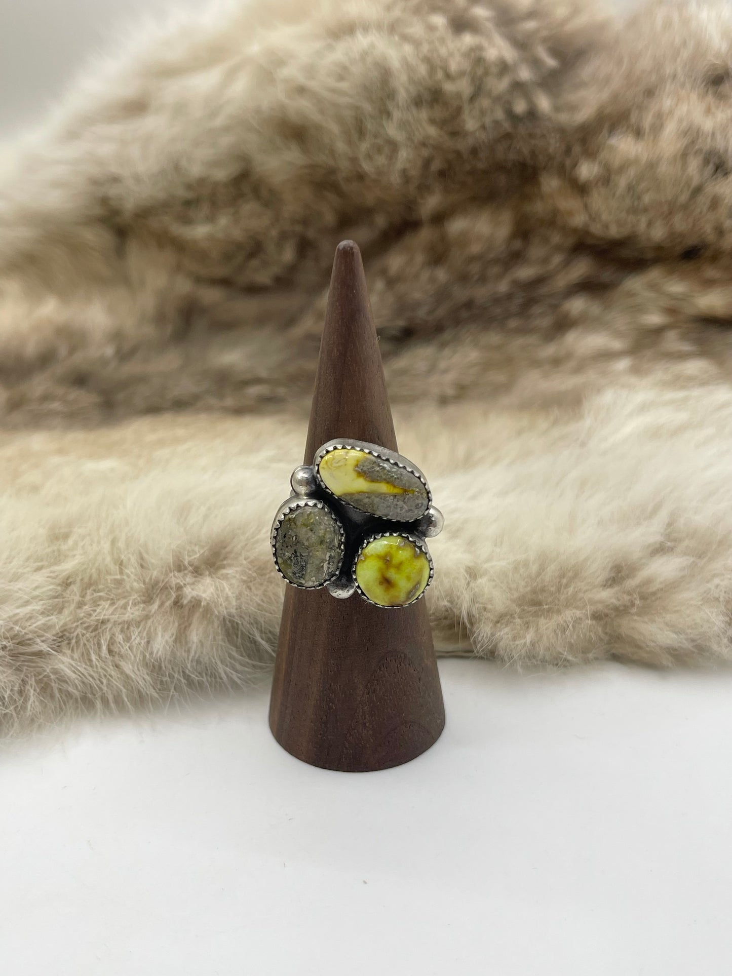 7.5 3 Stone Palomino Turquoise Ring by Phil Nez, Navajo