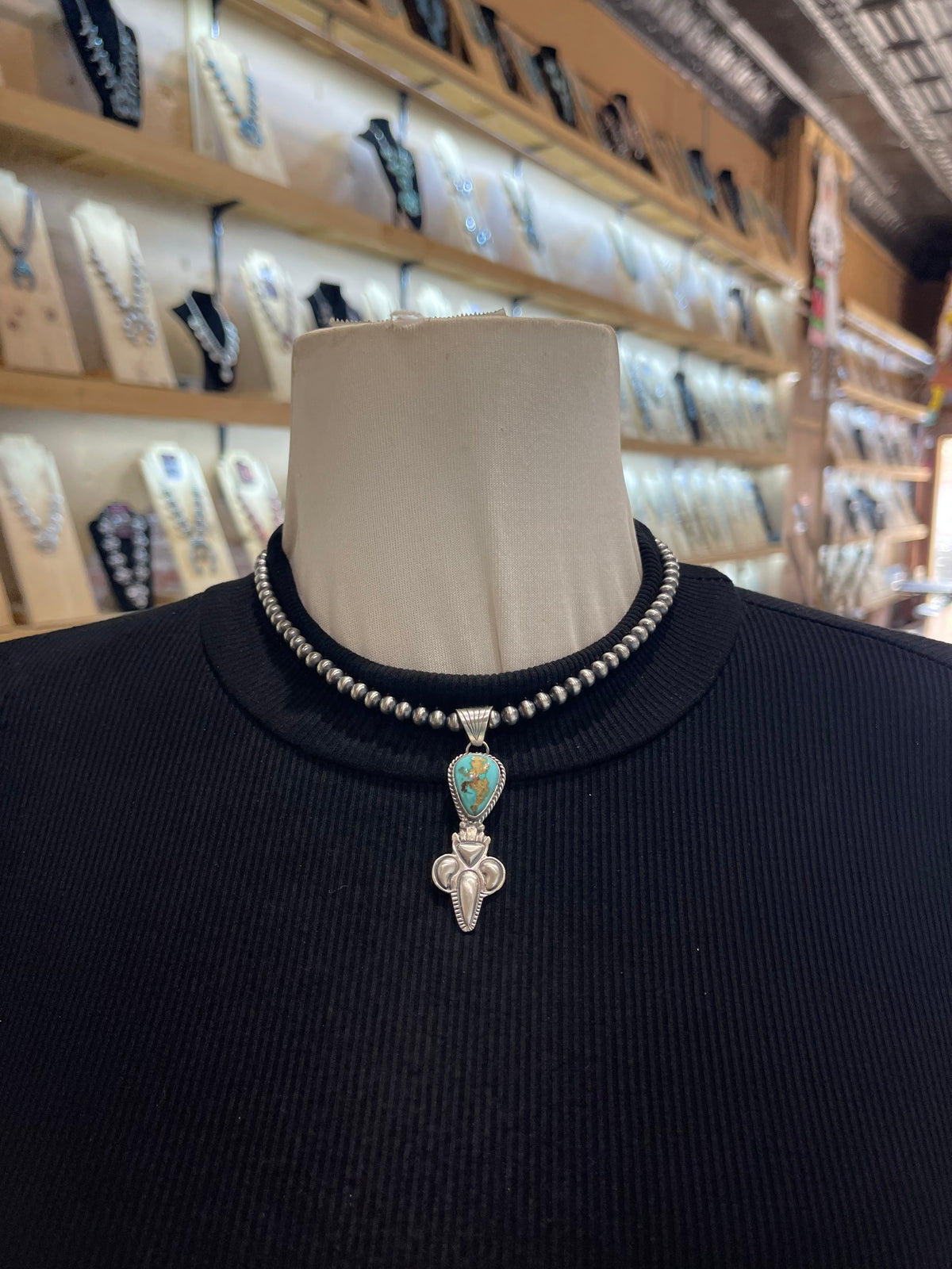 16” 5mm Navajo Style Pearls Sonoran Gold Turquoise Pendant by Gary Shorty, Navajo