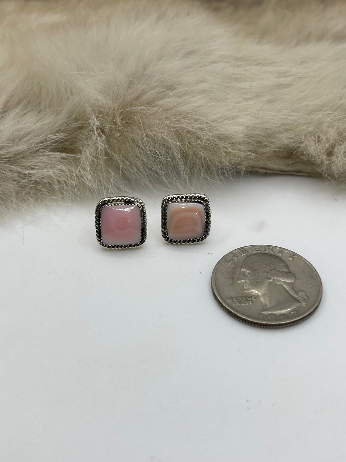 Square Pink Conch Shell Earrings by David Lopez, Navajo