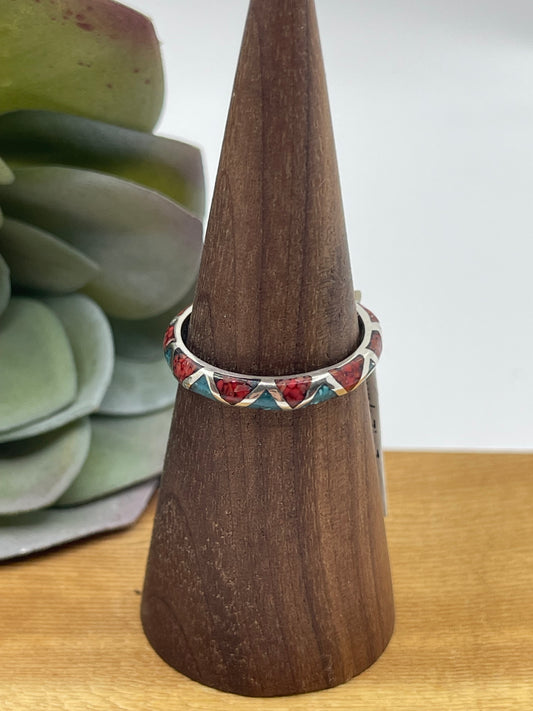 6.0 Turquoise and Coral Inlay Chunk Zig Zag Ring Band