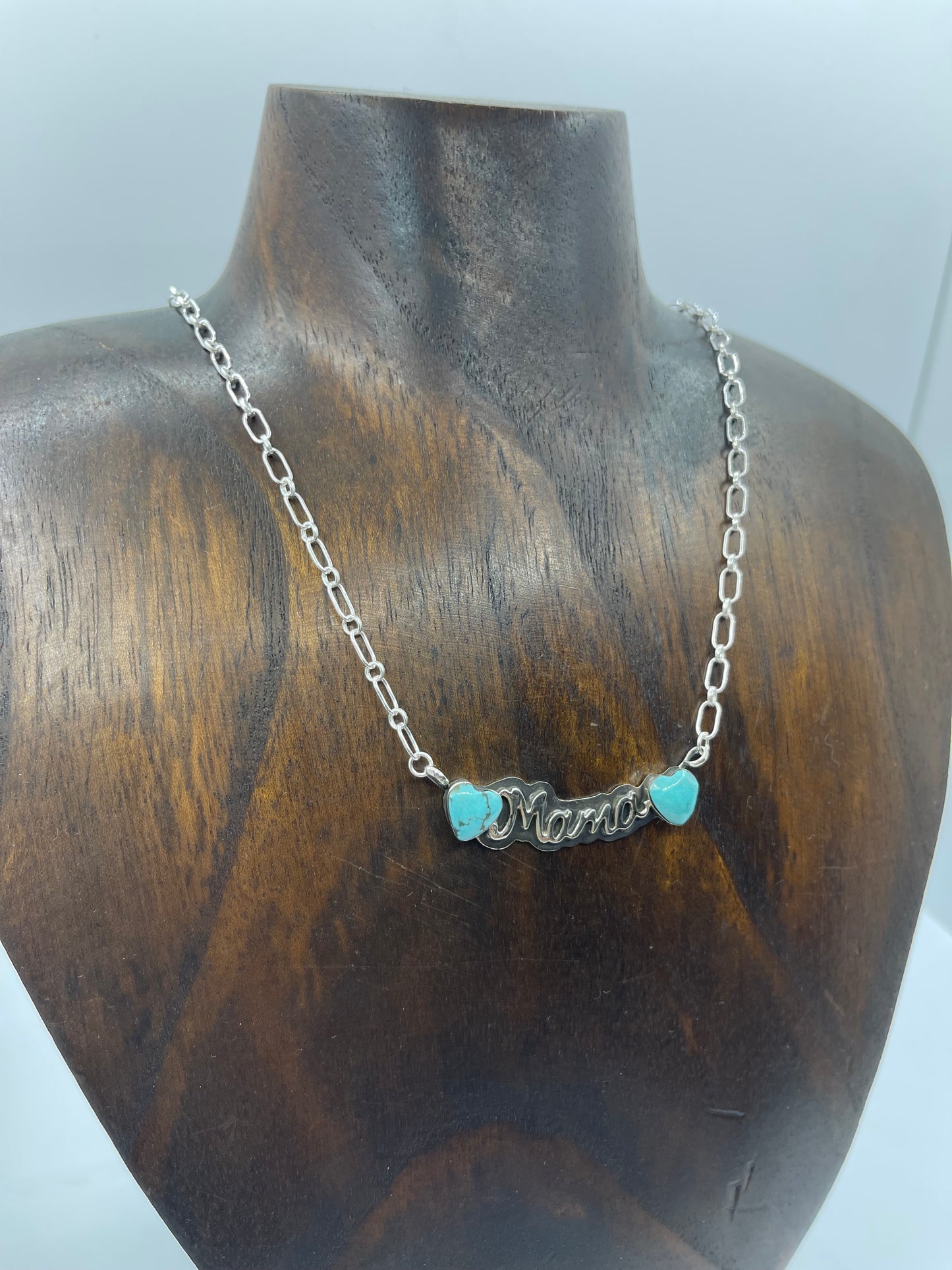 17" Turquoise Heart "MAMA" Necklace with Paperclip Chain