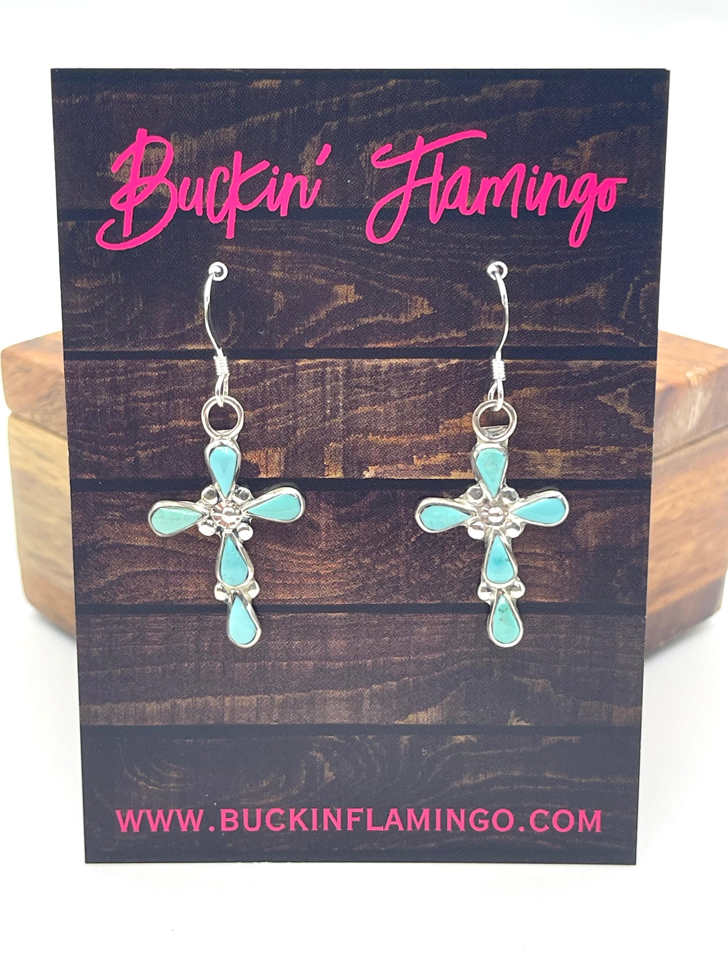 Petit Point Turquoise Cross Hook Earrings by Bryce Vacit, Zuni
