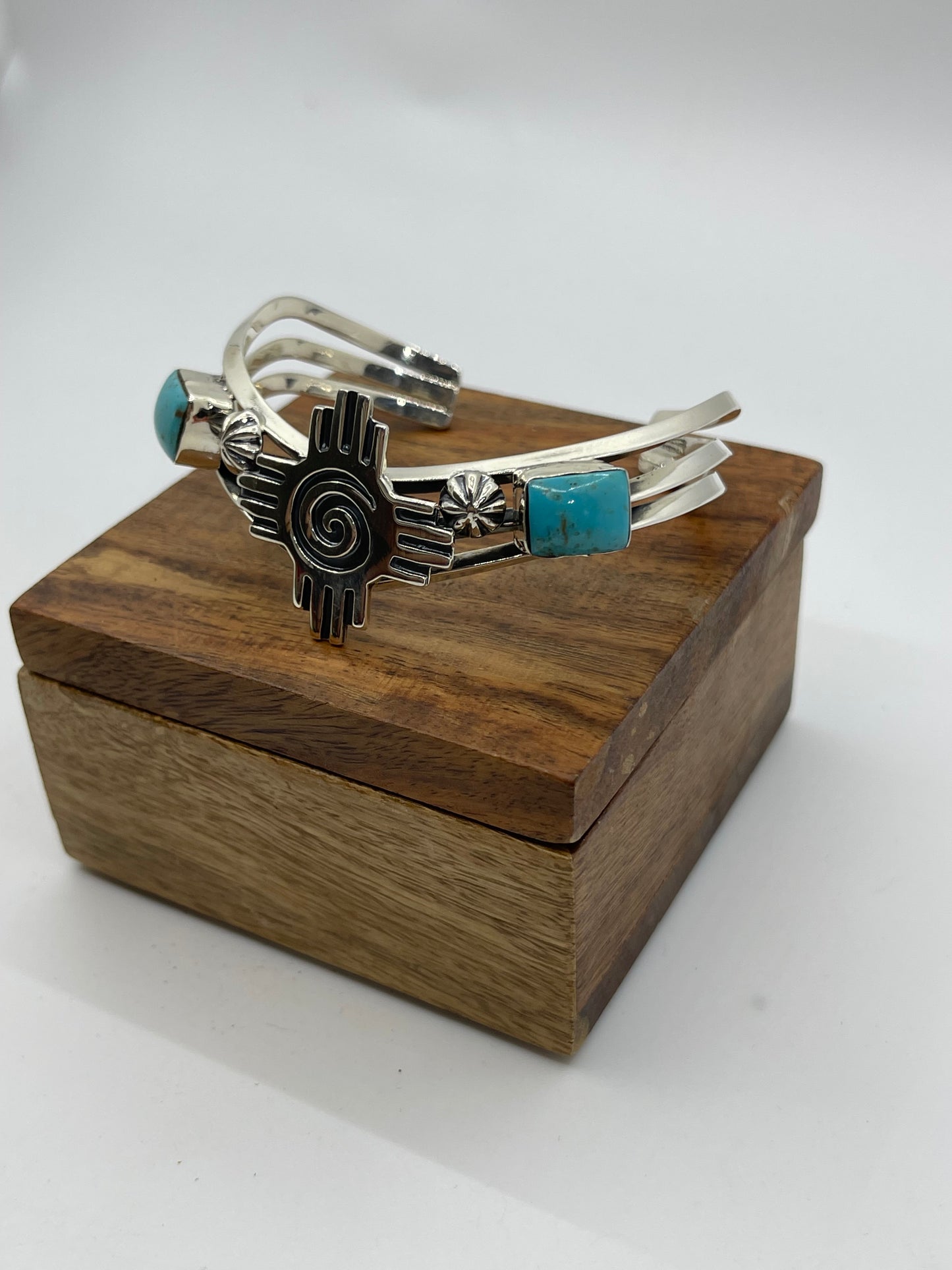 6”-6.5” 2 Stone Turquoise with Zia Symbol Cuff by Mike Smith, Navajo