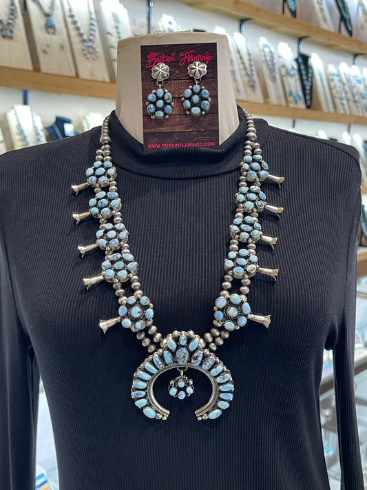 26" Golden Hills Turquoise Squash Blossom & Earring Set by Kathlyn Yazzie, Navajo
