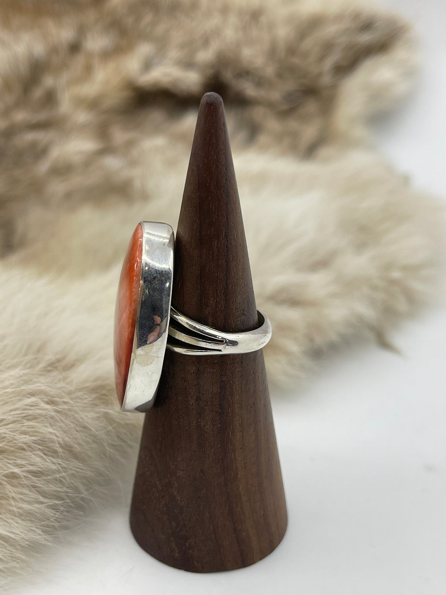 7.0 Red Spiny Oyster Shell Ring by Lawrence Willie, Navajo