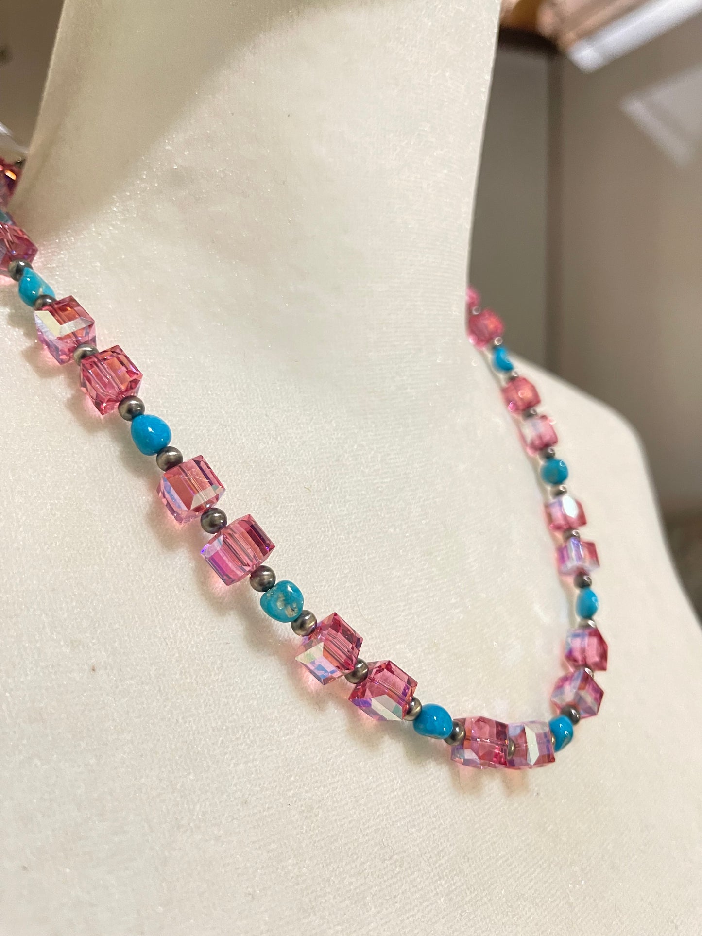 18" Pink Swarovski Crystals, Sleeping Beauty Turquoise, and 3mm Navajo Pearls Necklace