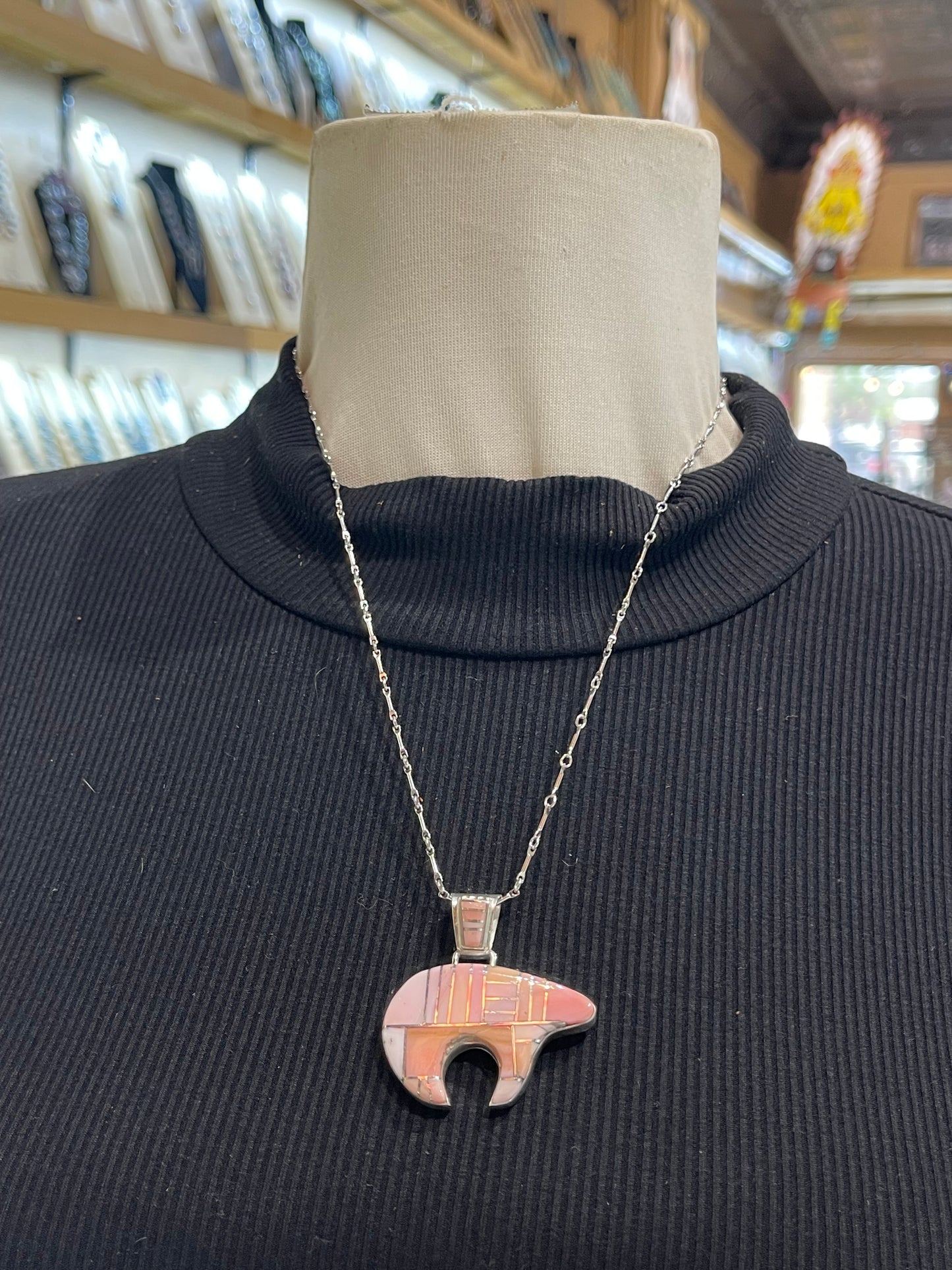 20" Pink Conch Shell Inlay Bear Necklace by Carl Adaakie, Zuni