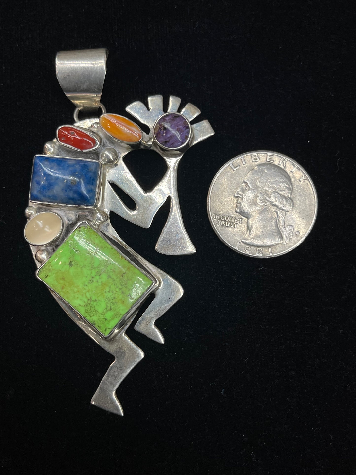 9.5mm Bale Vintage Kokopelli Pendant with Multiple Stones by Robert Kelly