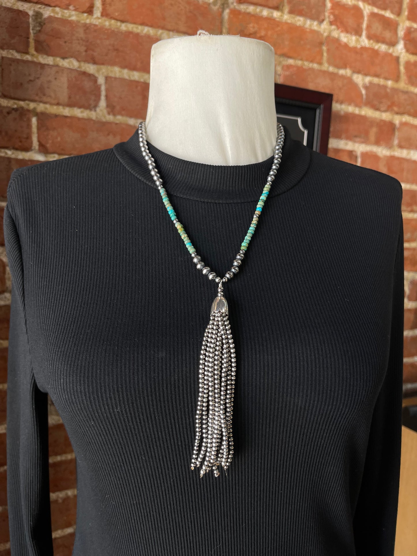 20"+5" 6mm Navajo Pearls and Turquoise Tassel Necklace