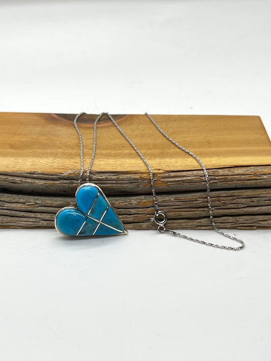 16" Turquoise Inlay Heart Necklace by Terrance Panteach & Tammy Johnson, Zuni