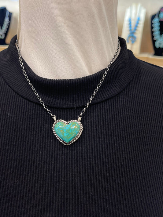 18” Turquoise Kingman Heart Necklace by Johnny Dixon, Navajo