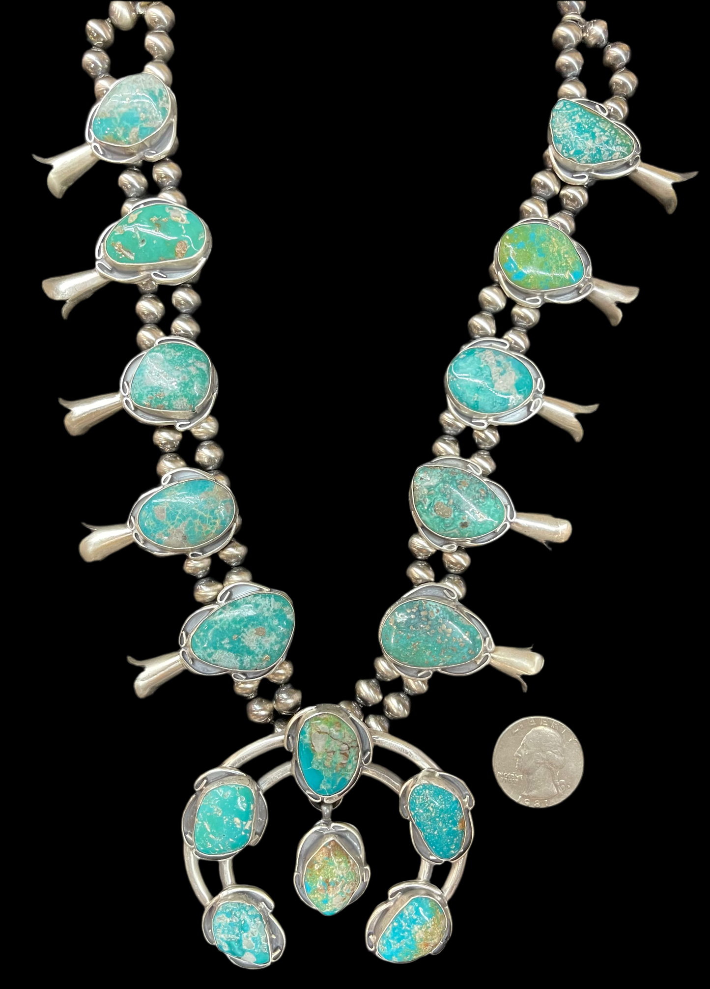 30" Campitos Turquoise Squash Blossom by Gilbert Nez, Navajo