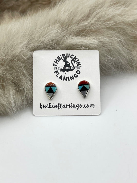 Inlay Teardrop Post Earrings by Cleo Kallestewa, Zuni