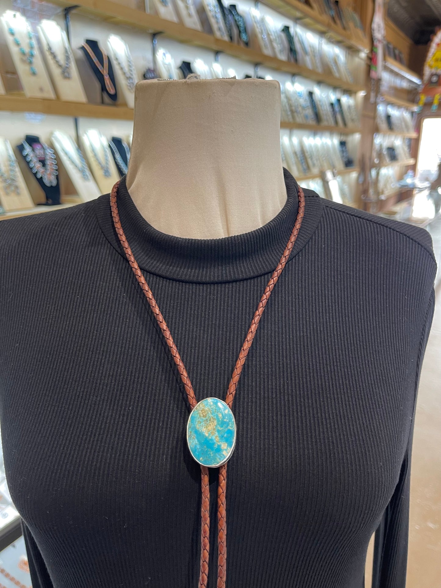 Kingman Turquoise Bolo Tie by Carrie Cannon, Kiowa