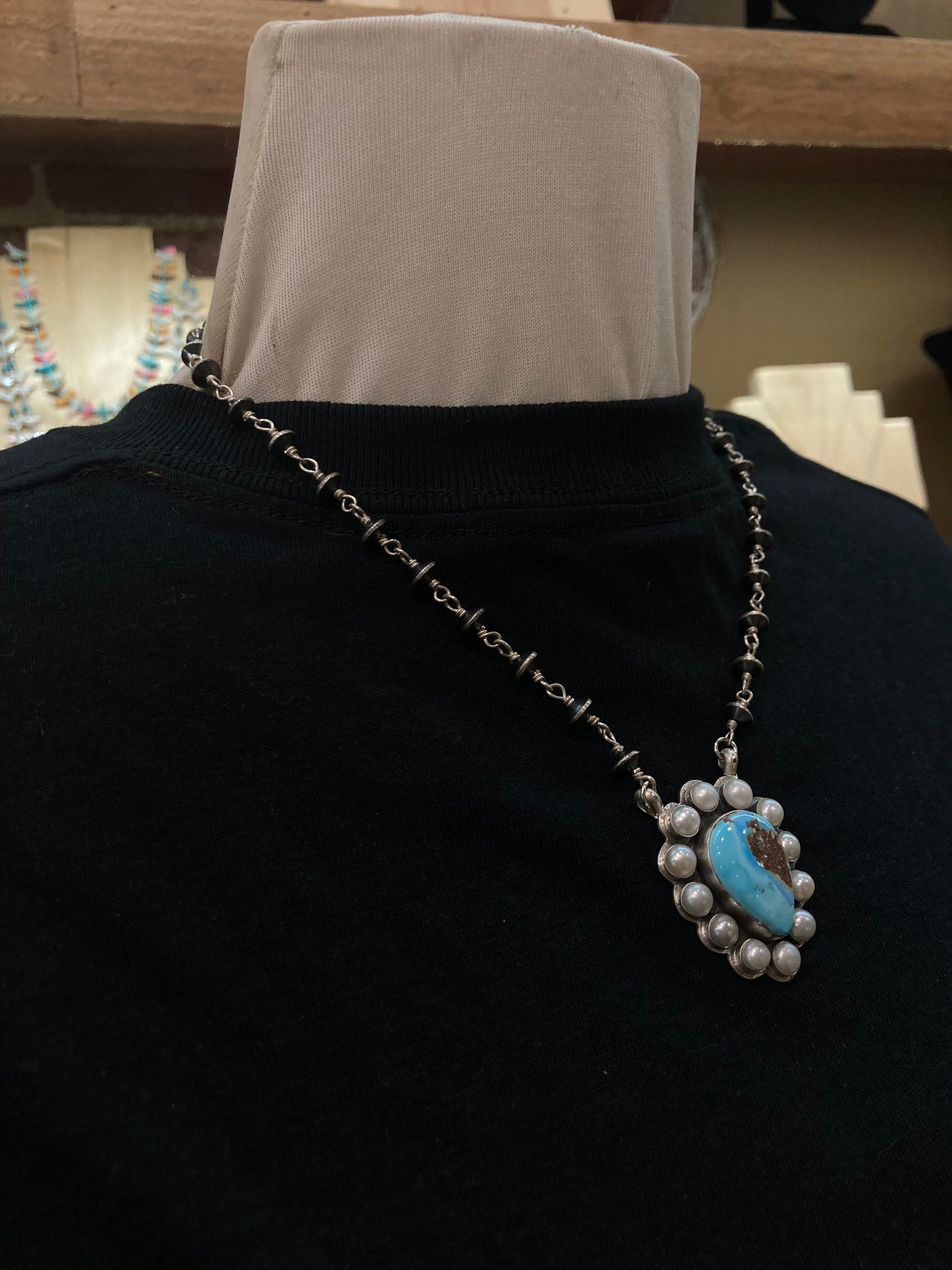 17" Golden Hill Turquoise and Freshwater Pearls Teardrop Necklace with Navajo Saucer Pearls by Kevin Billah, Navajo