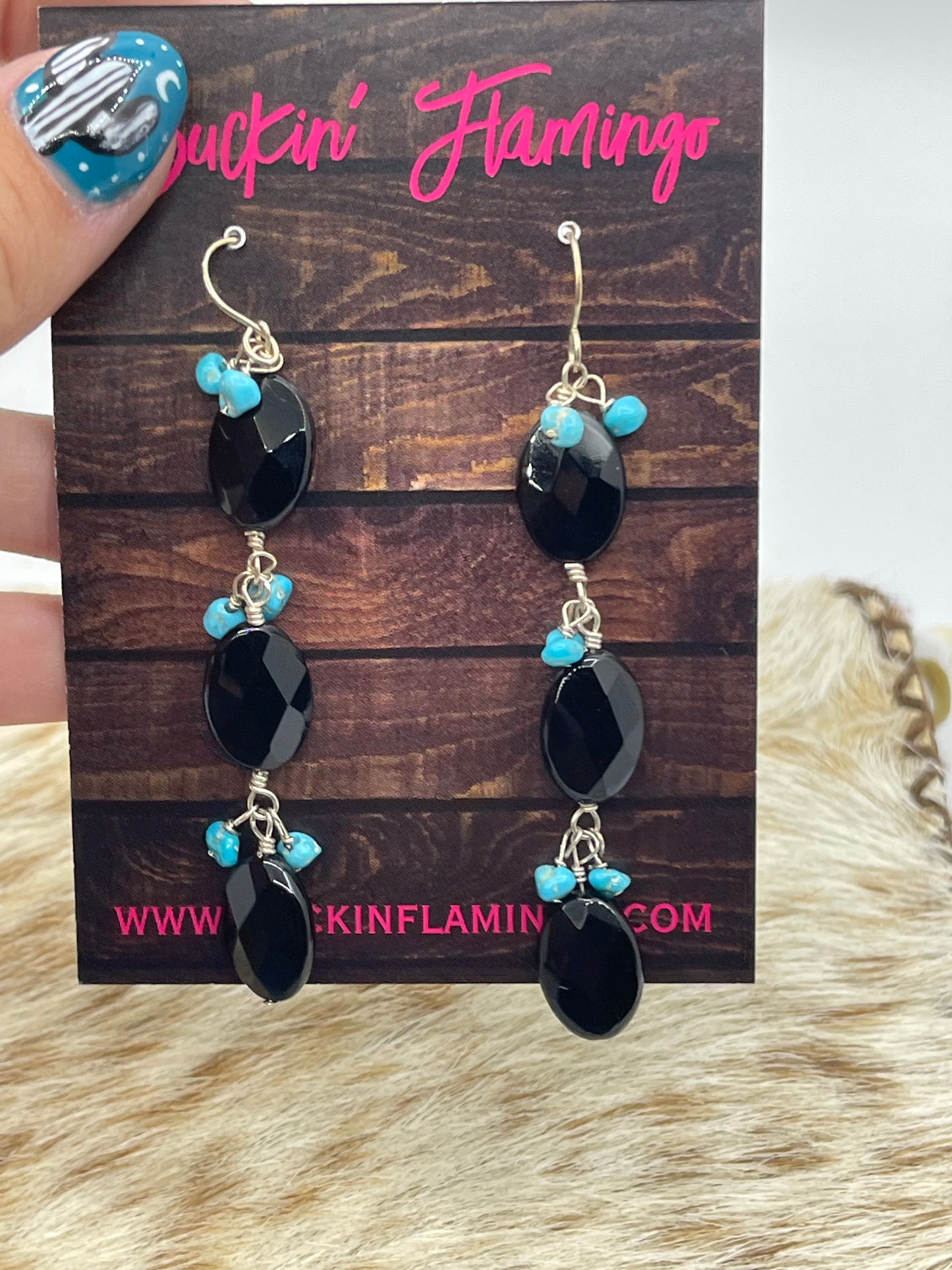Black Onyx and Sleeping Beauty Turquoise Drop Dangle Earrings