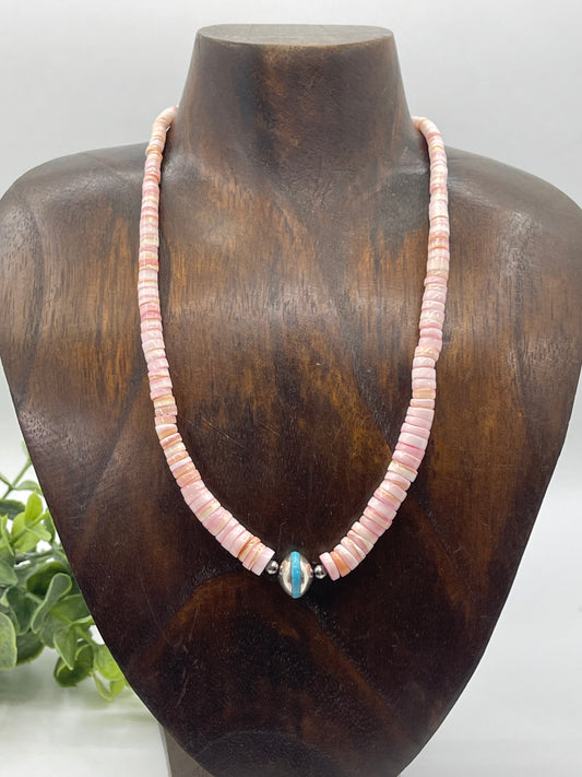 17" Graduated Pink Conch Shell with Inlaid Turquoise Bead Necklace
