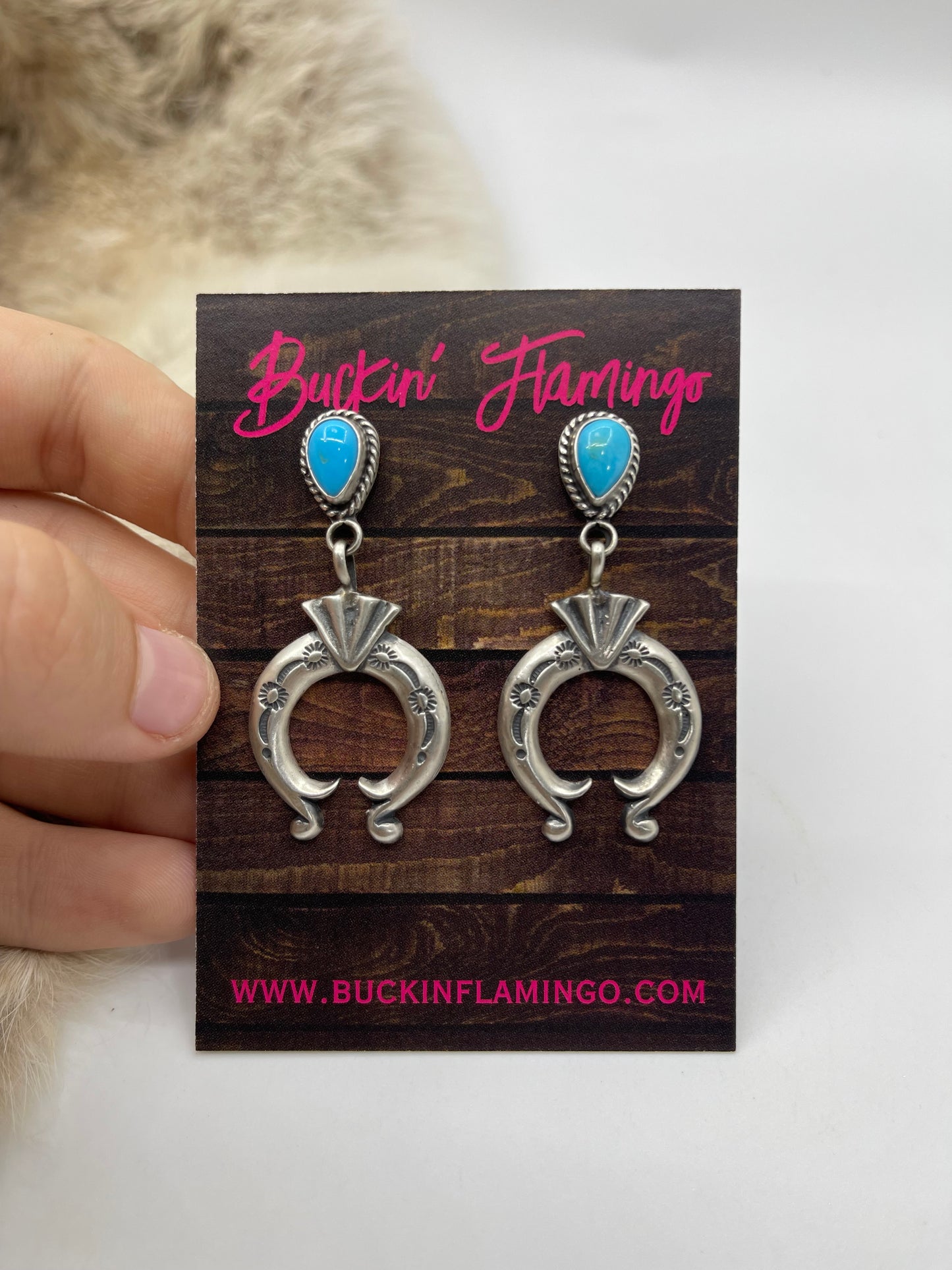 Stamped Naja Dangle Earring with Turquoise by Sharon McCarthy, Navajo