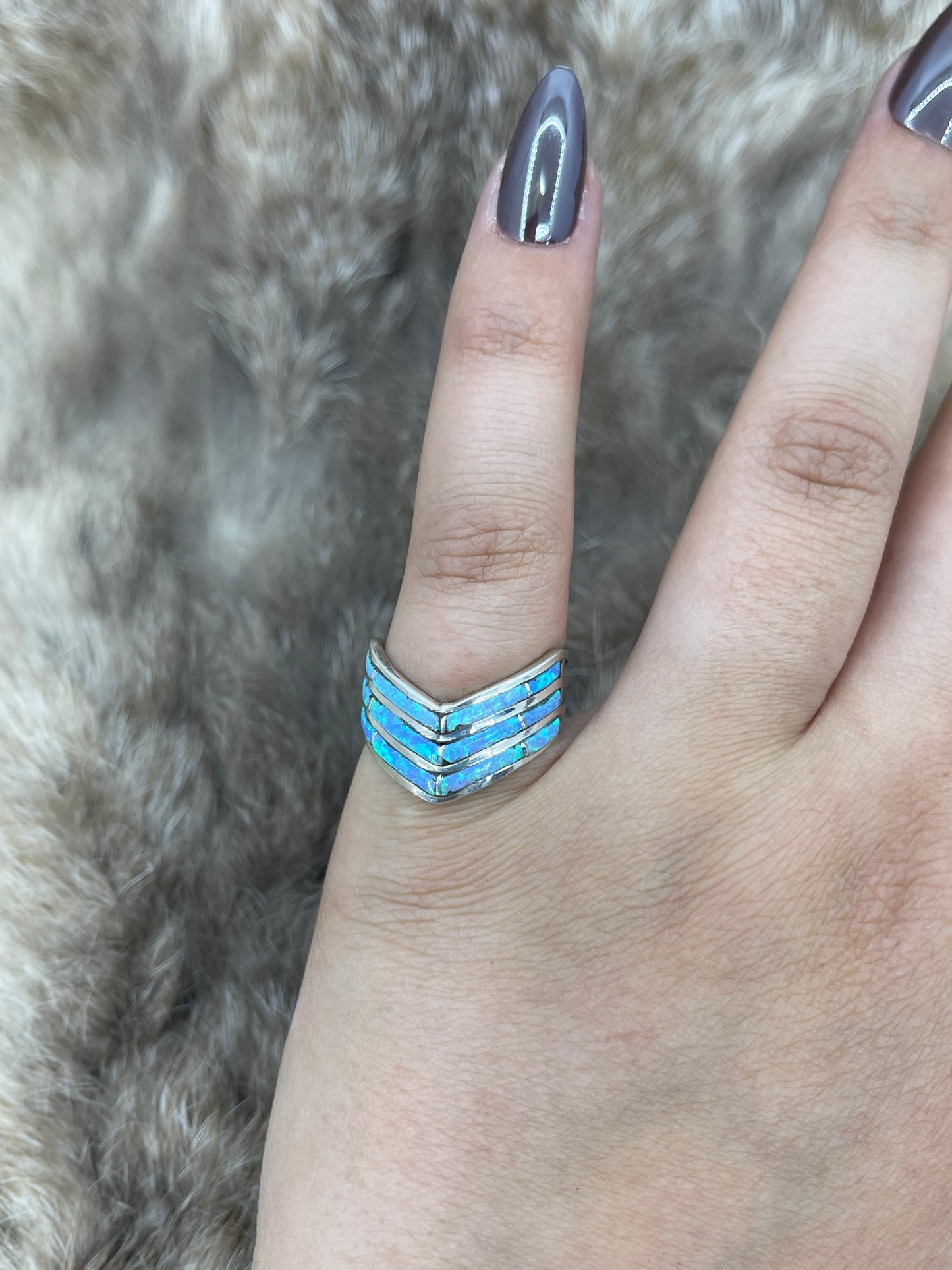 7.0 3 Row Chevron Blue Opal Ring by Andrew Enrico, Navajo