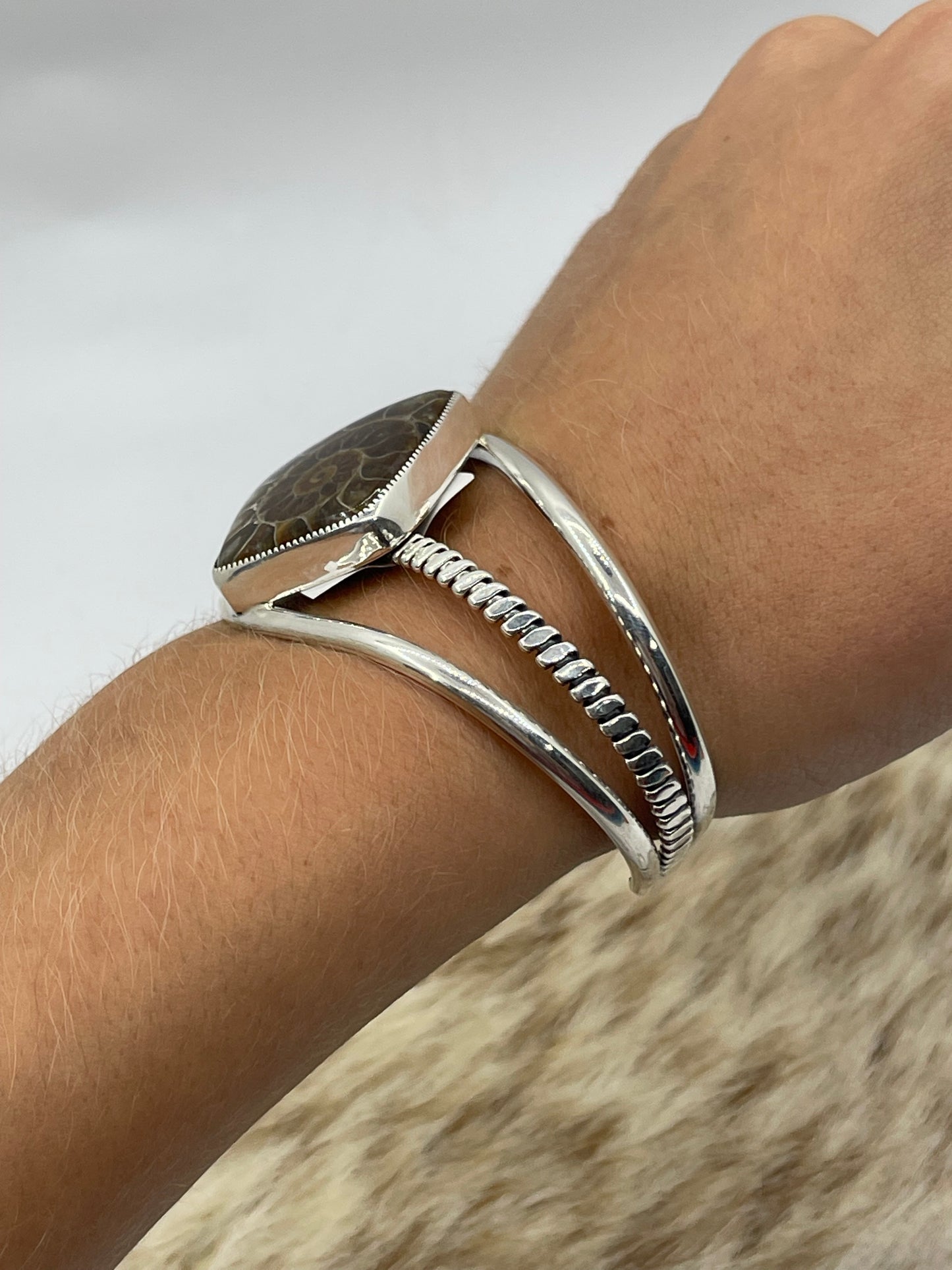 5 1/2"-7" Ammonite Fossil Cuff by Dvane Smith, Navajo