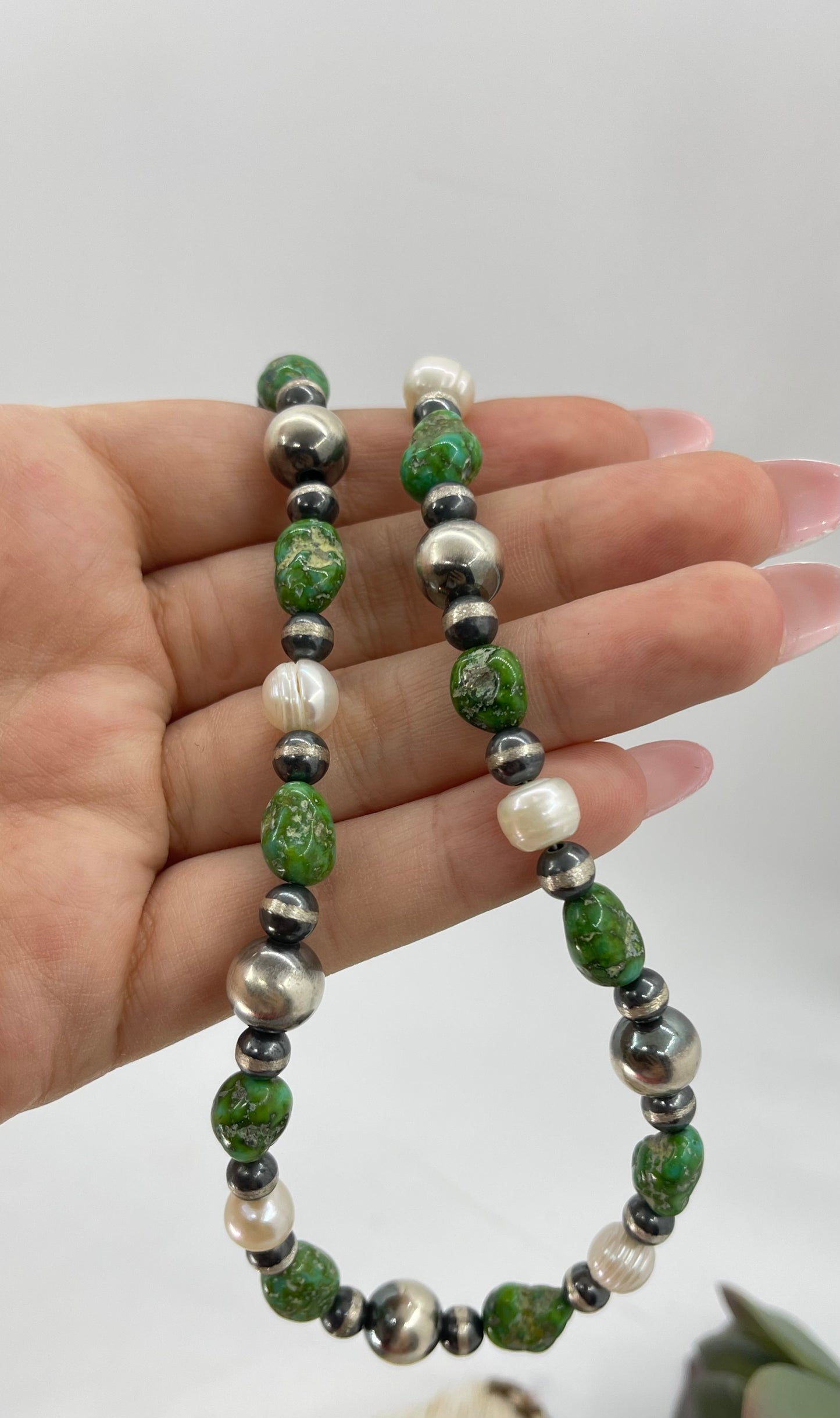 19" 6mm-10mm Sonoran Gold Turquoise, Freshwater Pearls, and Navajo Pearls Necklace