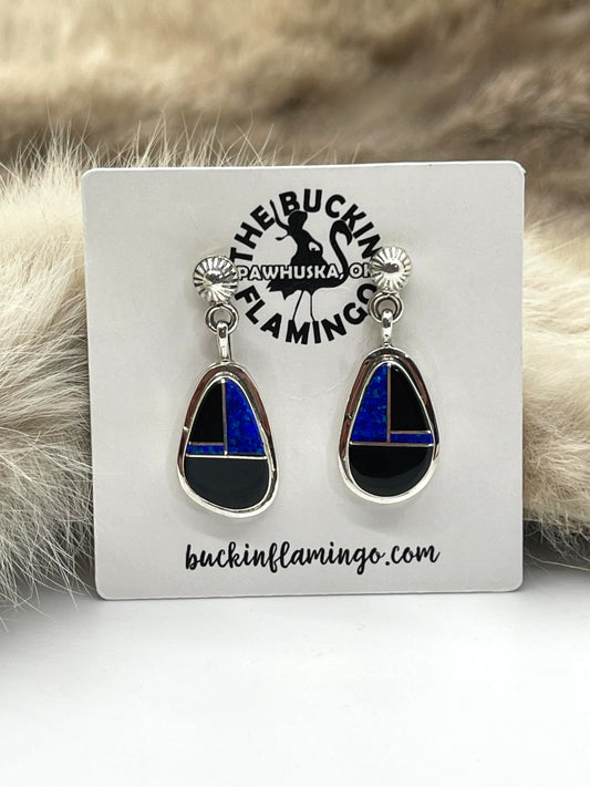 Blue Opal and Onyx Earrings by James Manygoats, Navajo